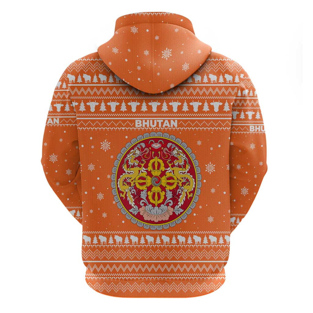 Bhutan Christmas Zip Hoodie with Takin Santa Hat Christmas Tree and Snowflake Pattern in Orange - Wonder Print Shop