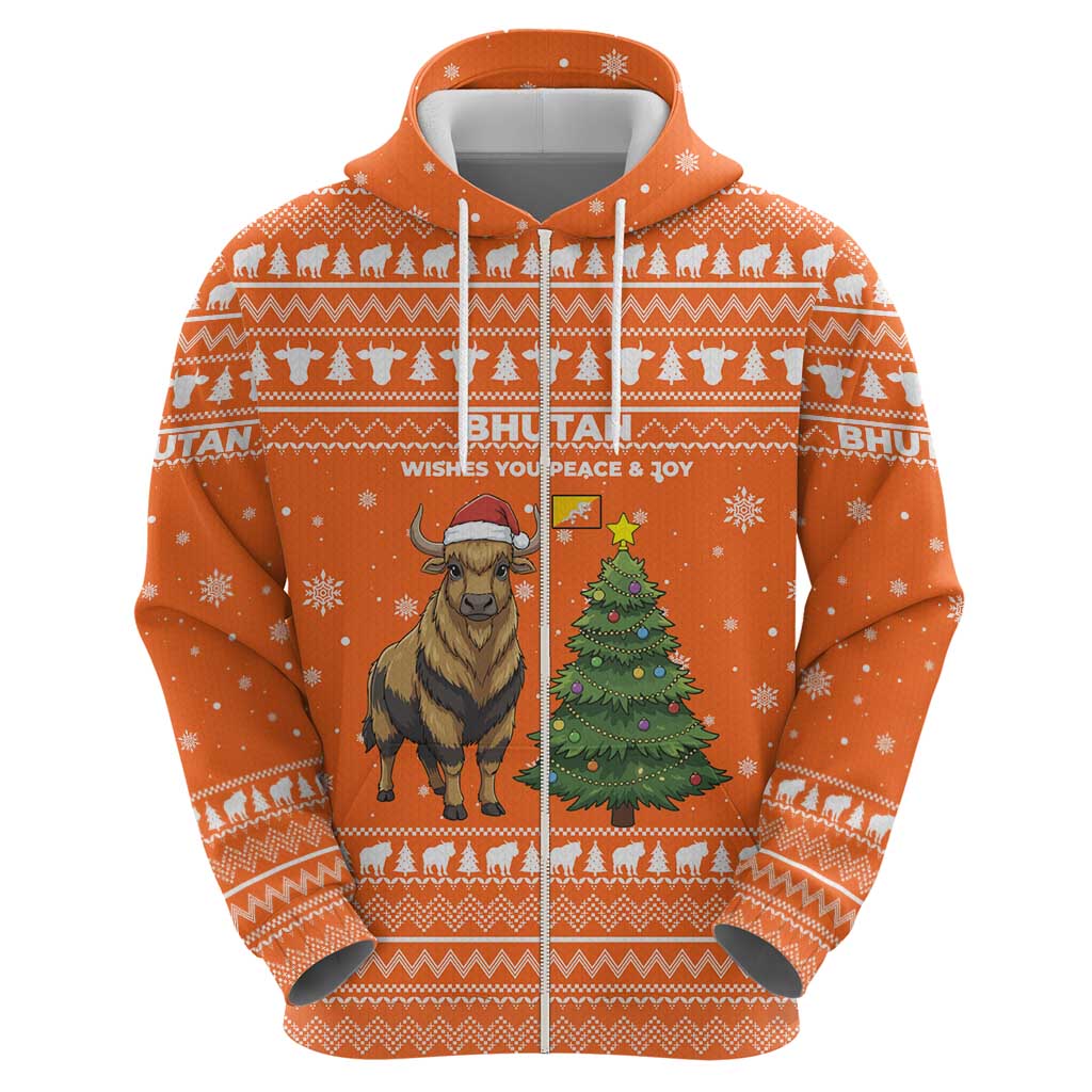 Bhutan Christmas Zip Hoodie with Takin Santa Hat Christmas Tree and Snowflake Pattern in Orange - Wonder Print Shop