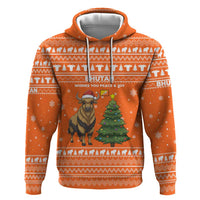 Bhutan Christmas Zip Hoodie with Takin Santa Hat Christmas Tree and Snowflake Pattern in Orange - Wonder Print Shop