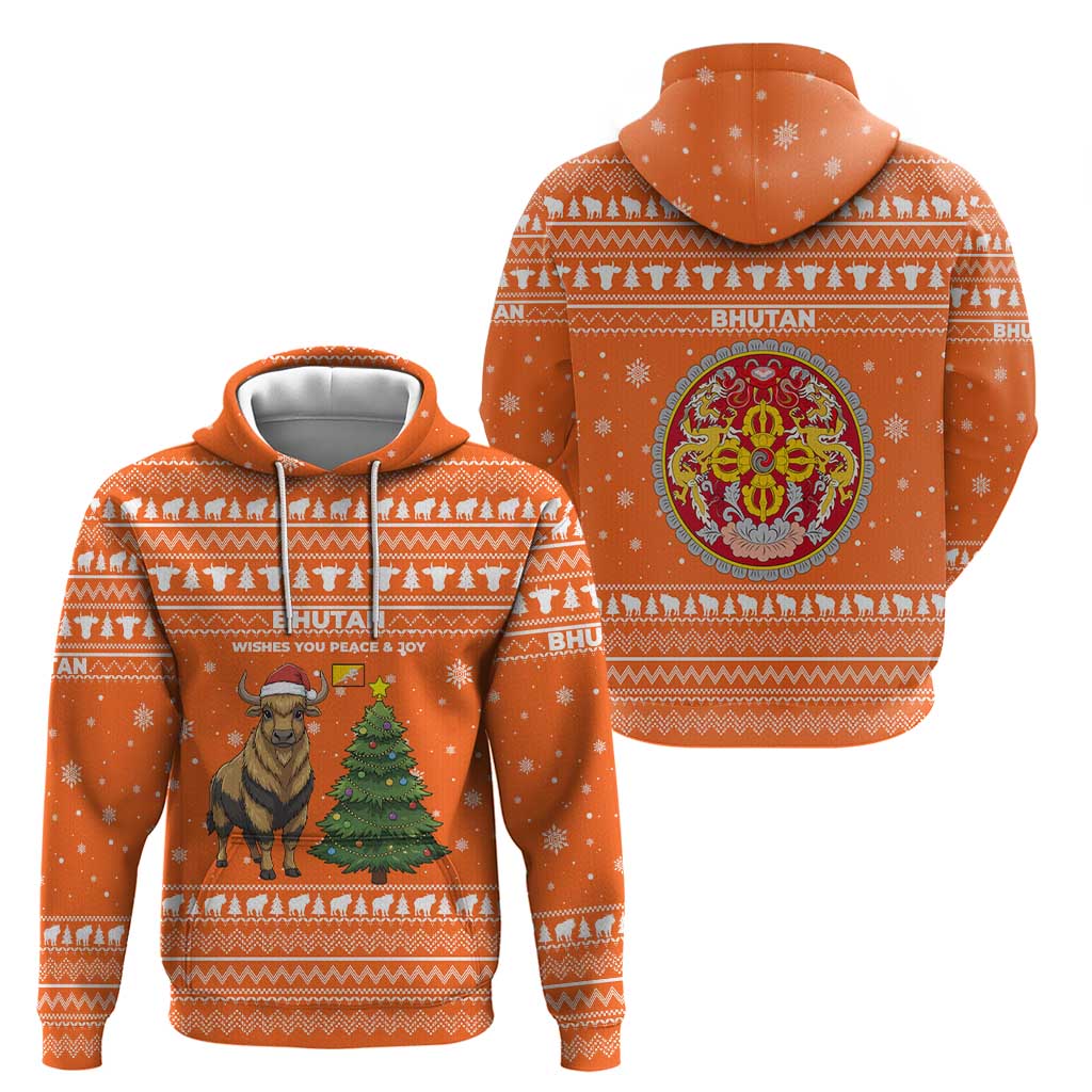 Bhutan Christmas Zip Hoodie with Takin Santa Hat Christmas Tree and Snowflake Pattern in Orange - Wonder Print Shop