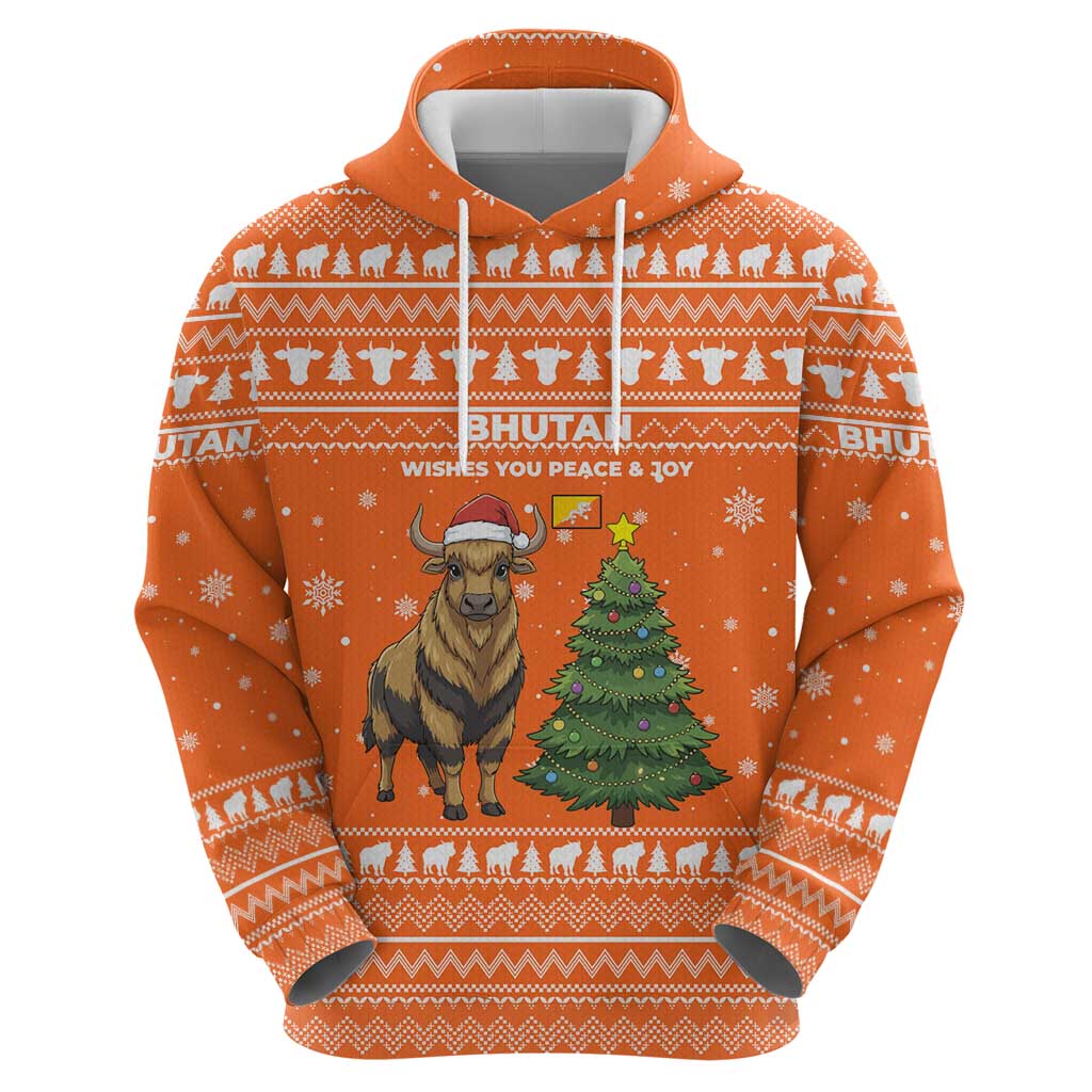 Bhutan Christmas Zip Hoodie with Takin Santa Hat Christmas Tree and Snowflake Pattern in Orange - Wonder Print Shop