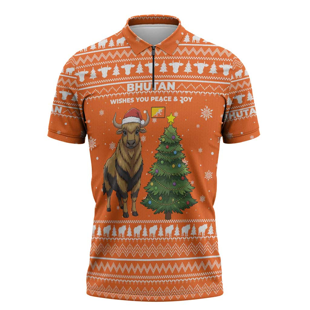 Bhutan Christmas Zipper Polo Shirt with Takin Santa Hat Christmas Tree and Snowflake Pattern in Orange - Wonder Print Shop