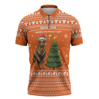 Bhutan Christmas Zipper Polo Shirt with Takin Santa Hat Christmas Tree and Snowflake Pattern in Orange - Wonder Print Shop
