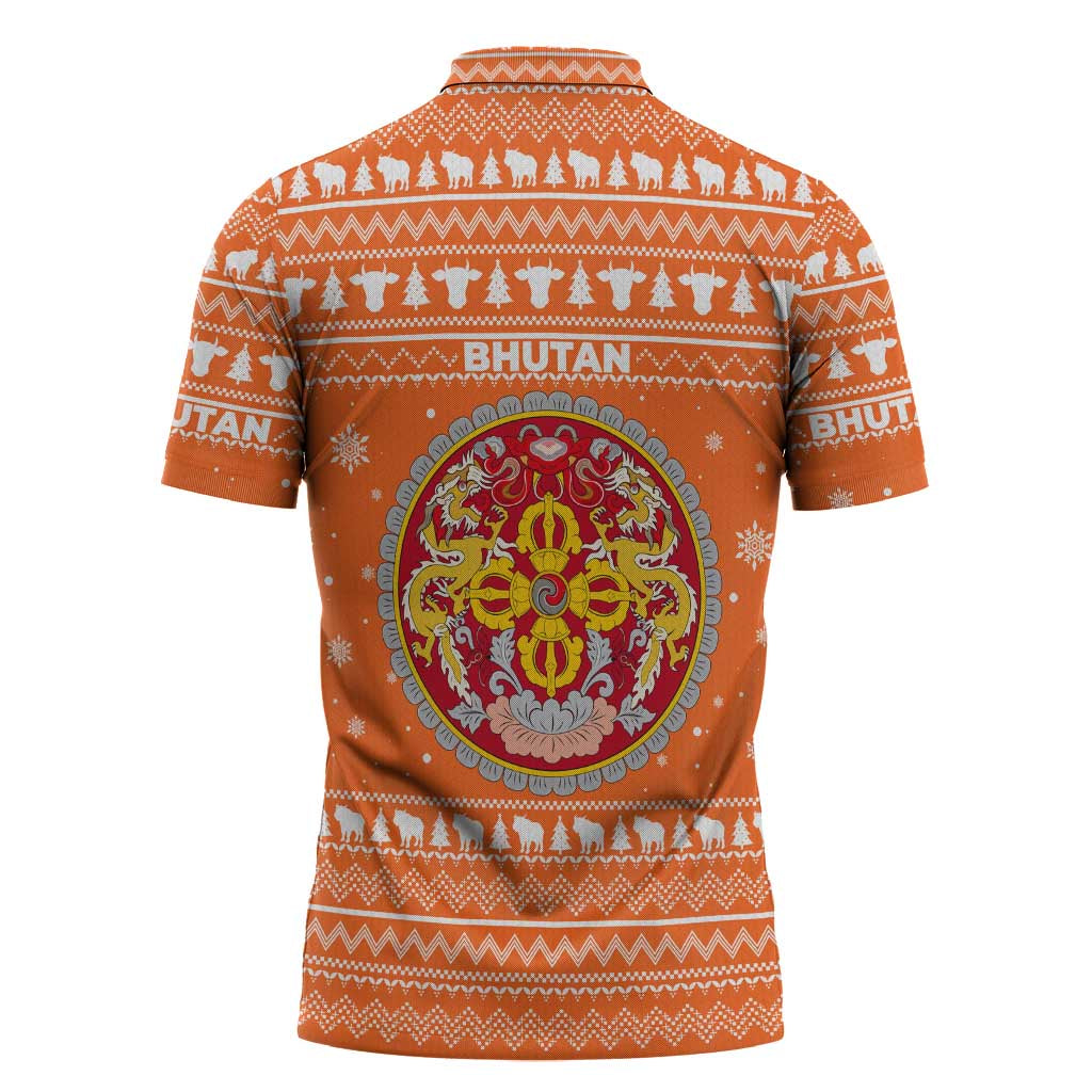 Bhutan Christmas Zipper Polo Shirt with Takin Santa Hat Christmas Tree and Snowflake Pattern in Orange - Wonder Print Shop