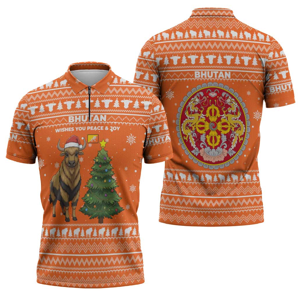 Bhutan Christmas Zipper Polo Shirt with Takin Santa Hat Christmas Tree and Snowflake Pattern in Orange - Wonder Print Shop