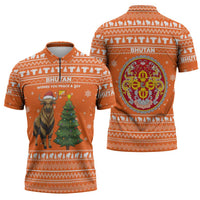 Bhutan Christmas Zipper Polo Shirt with Takin Santa Hat Christmas Tree and Snowflake Pattern in Orange - Wonder Print Shop