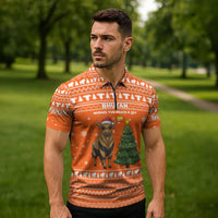 Bhutan Christmas Zipper Polo Shirt with Takin Santa Hat Christmas Tree and Snowflake Pattern in Orange - Wonder Print Shop