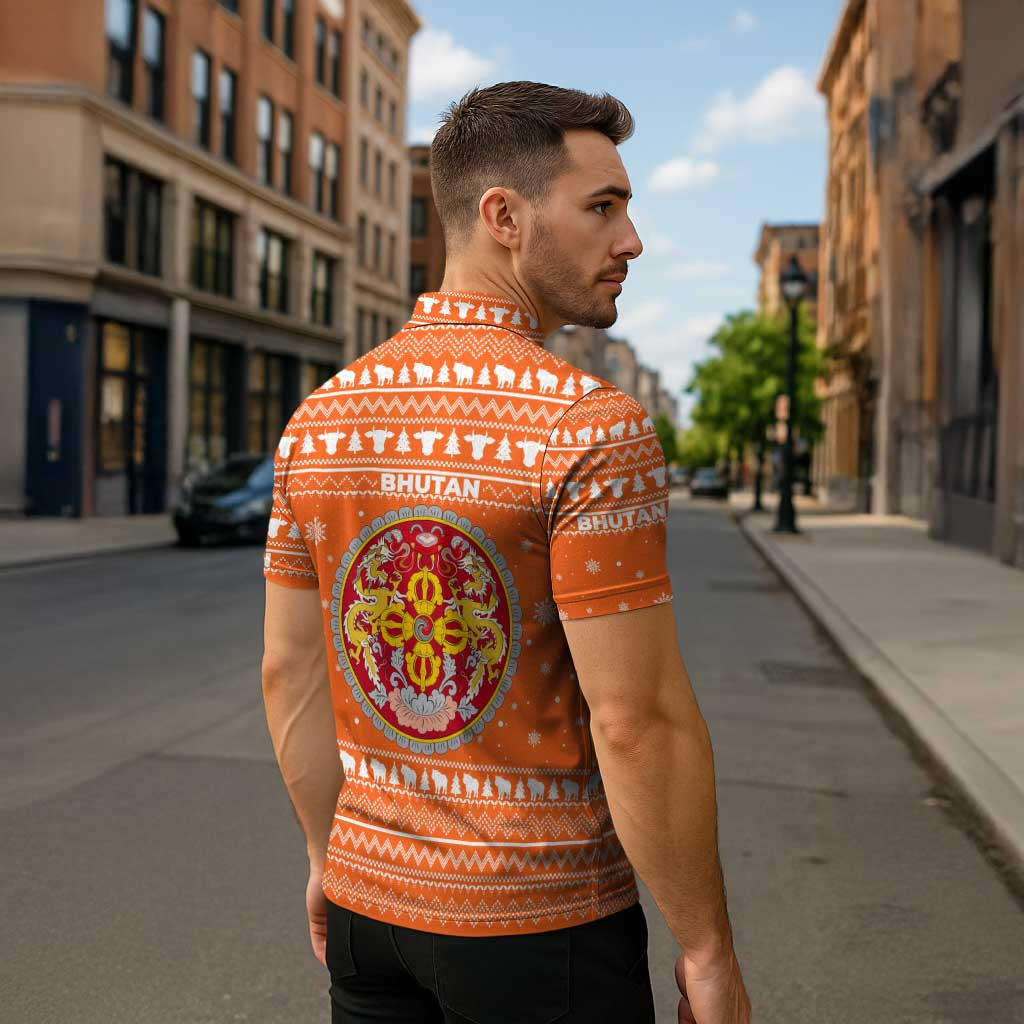 Bhutan Christmas Zipper Polo Shirt with Takin Santa Hat Christmas Tree and Snowflake Pattern in Orange - Wonder Print Shop