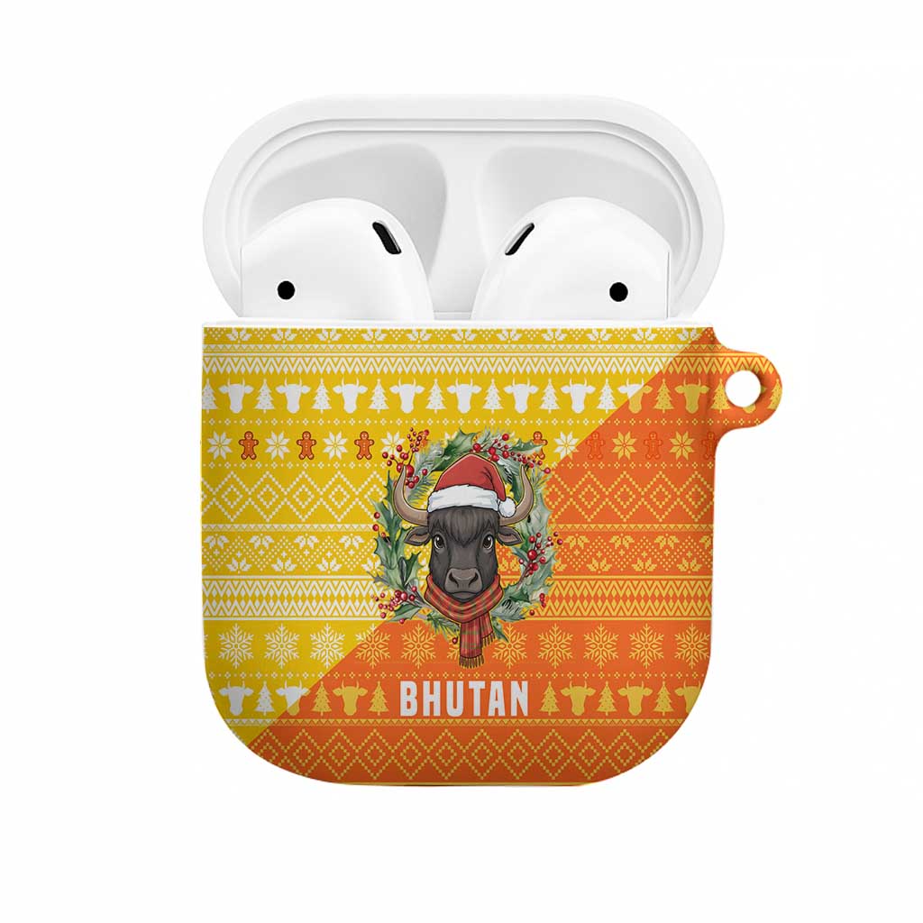 Bhutan Christmas AirPods Case with Takin Reindeer Antlers Santa Hat and Yellow Orange Holiday Pattern - Wonder Print Shop