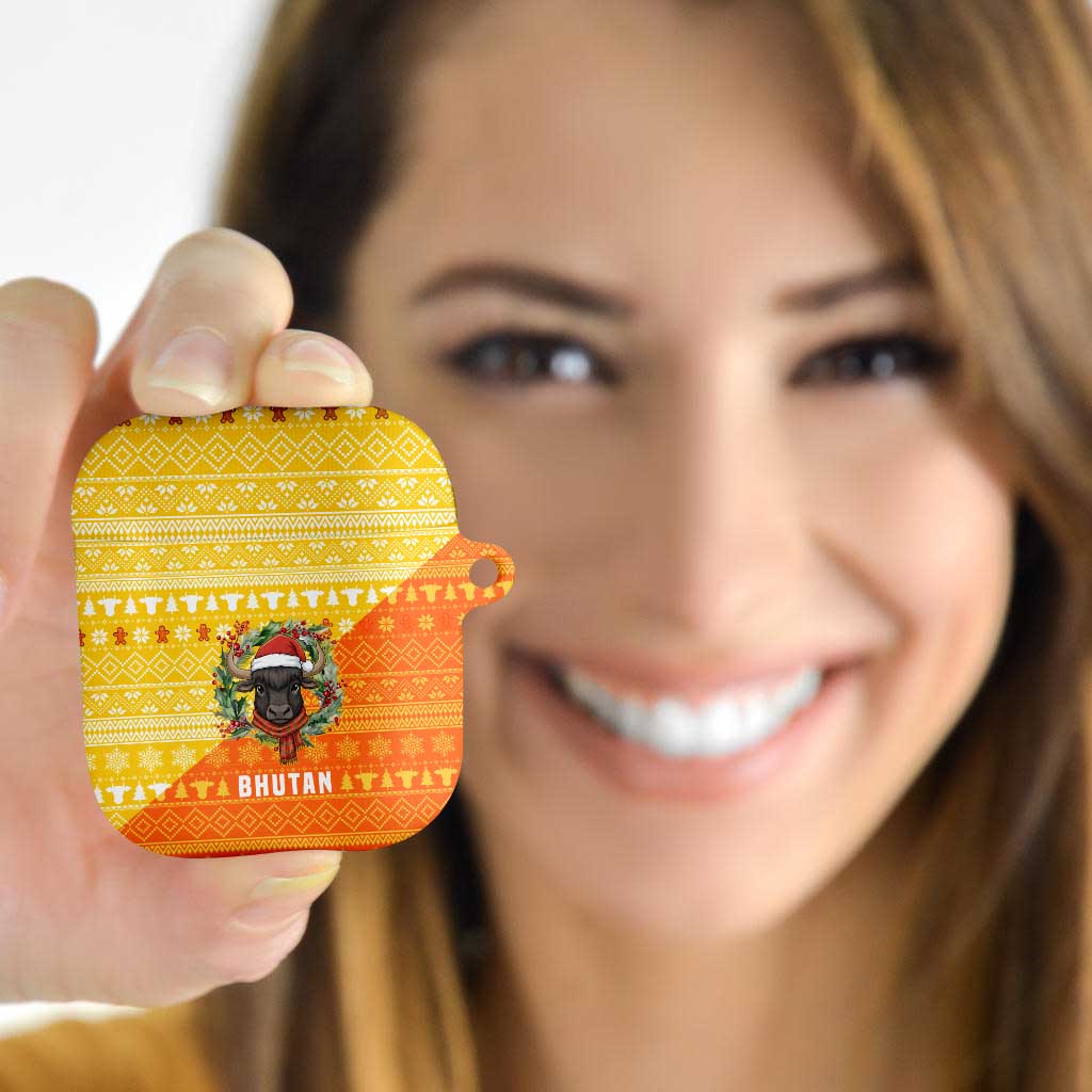 Bhutan Christmas AirPods Case with Takin Reindeer Antlers Santa Hat and Yellow Orange Holiday Pattern - Wonder Print Shop