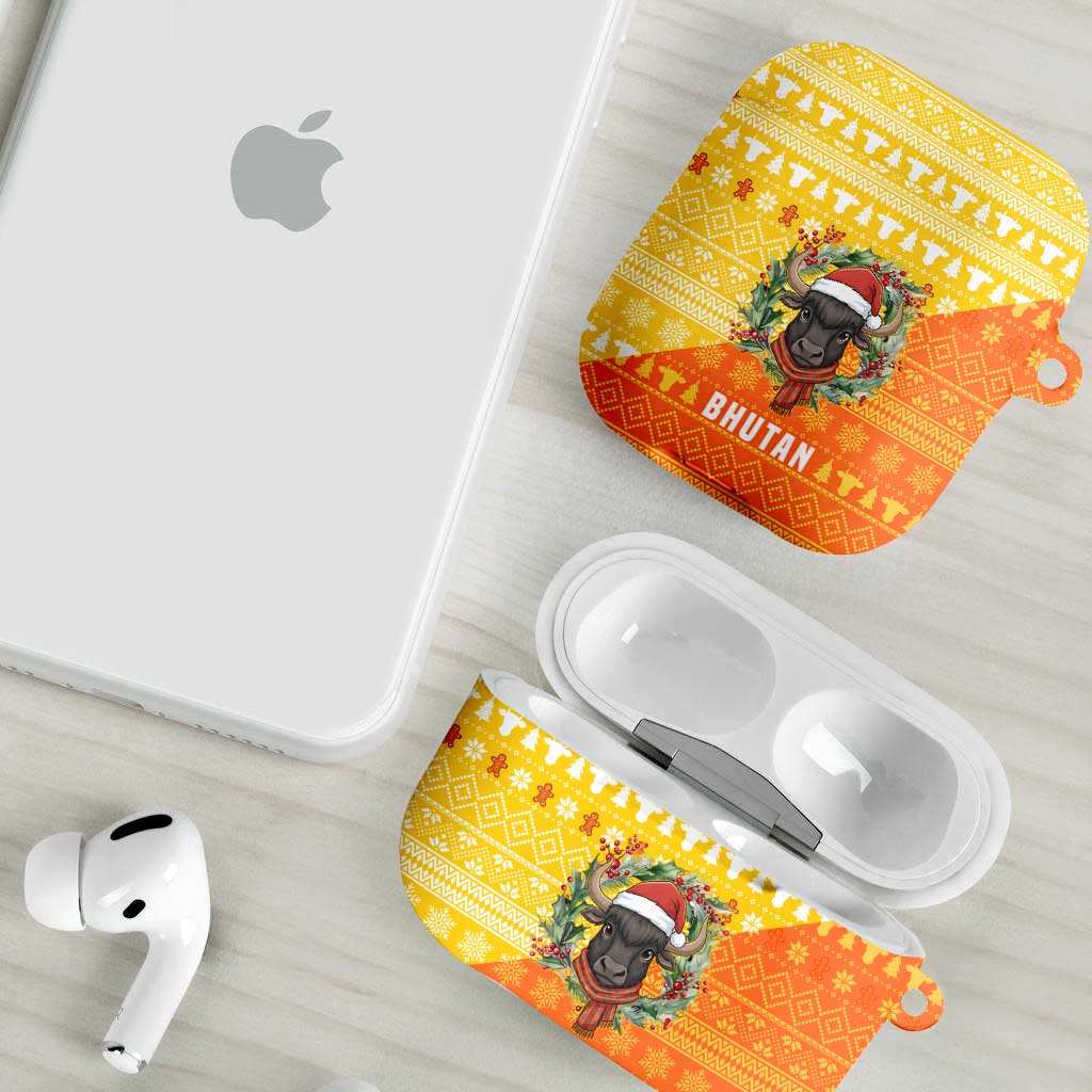 Bhutan Christmas AirPods Case with Takin Reindeer Antlers Santa Hat and Yellow Orange Holiday Pattern - Wonder Print Shop