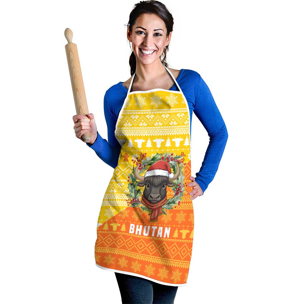Bhutan Christmas Apron with Takin Reindeer Antlers Santa Hat and Yellow Orange Holiday Pattern - Wonder Print Shop