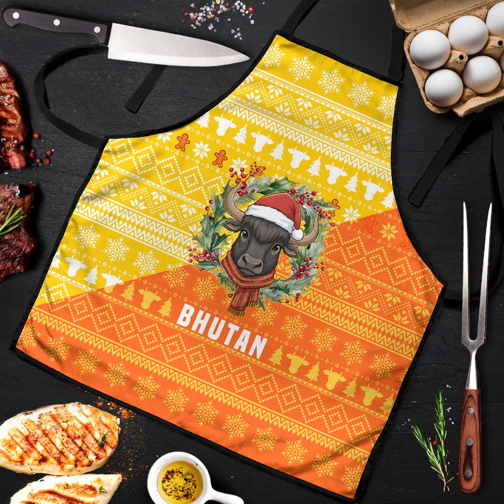 Bhutan Christmas Apron with Takin Reindeer Antlers Santa Hat and Yellow Orange Holiday Pattern - Wonder Print Shop
