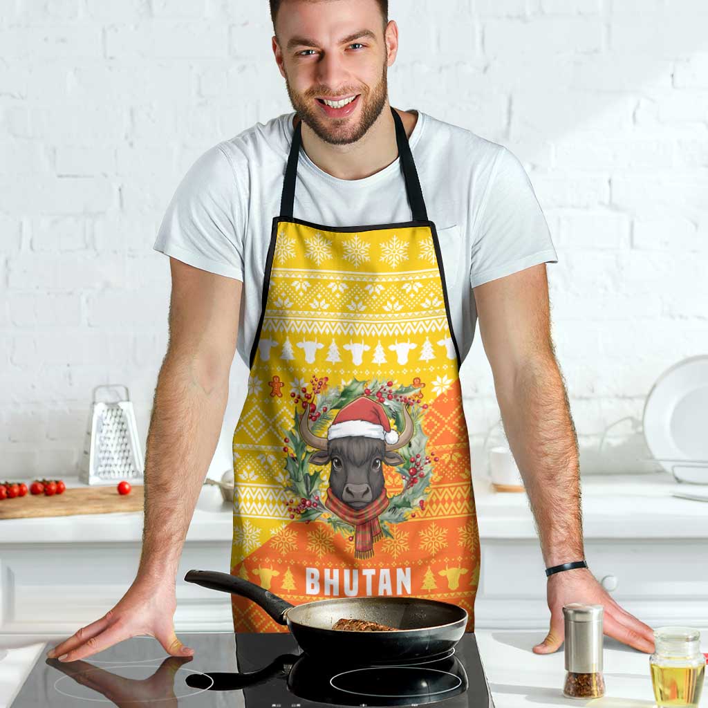 Bhutan Christmas Apron with Takin Reindeer Antlers Santa Hat and Yellow Orange Holiday Pattern - Wonder Print Shop