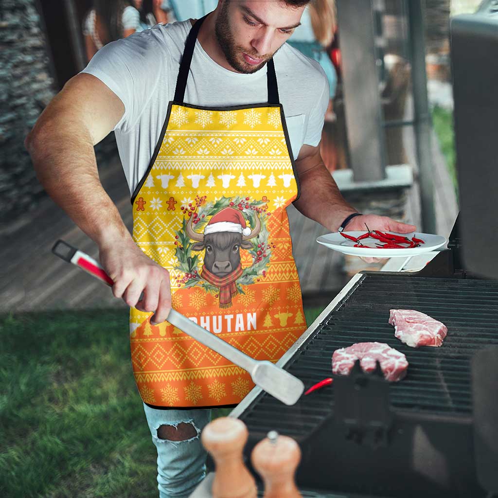 Bhutan Christmas Apron with Takin Reindeer Antlers Santa Hat and Yellow Orange Holiday Pattern - Wonder Print Shop