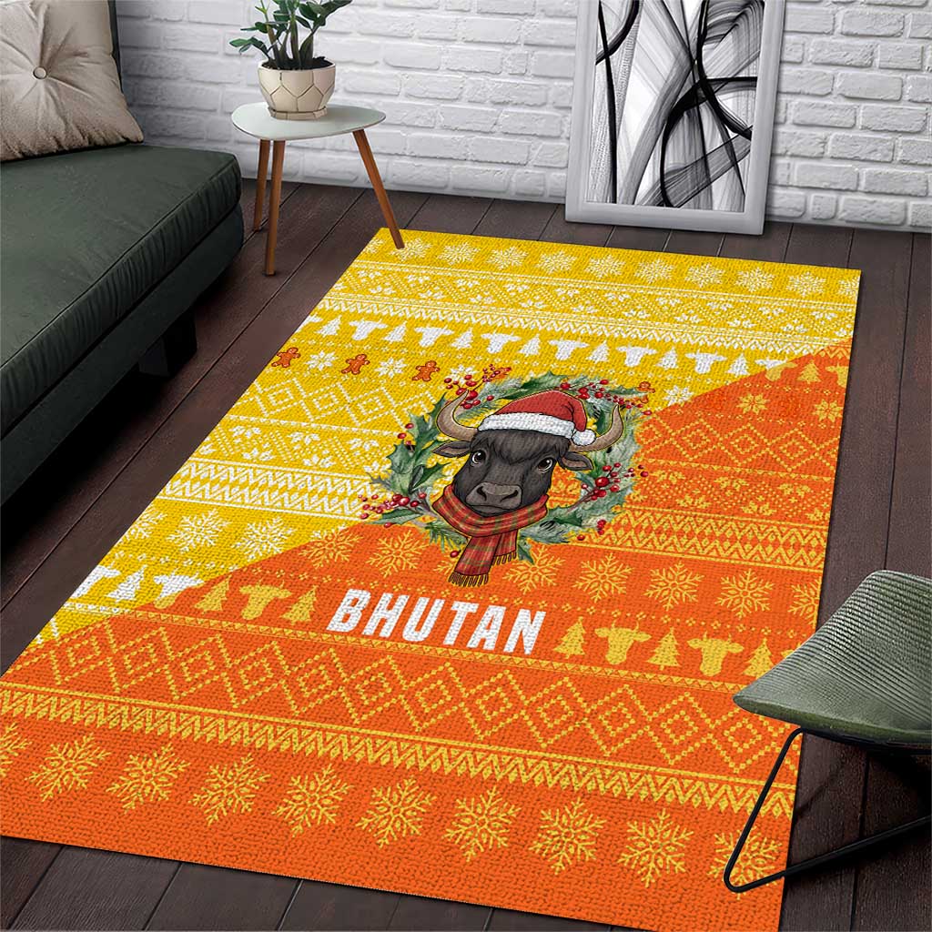 Bhutan Christmas Area Rug with Takin Reindeer Antlers Santa Hat and Yellow Orange Holiday Pattern - Wonder Print Shop