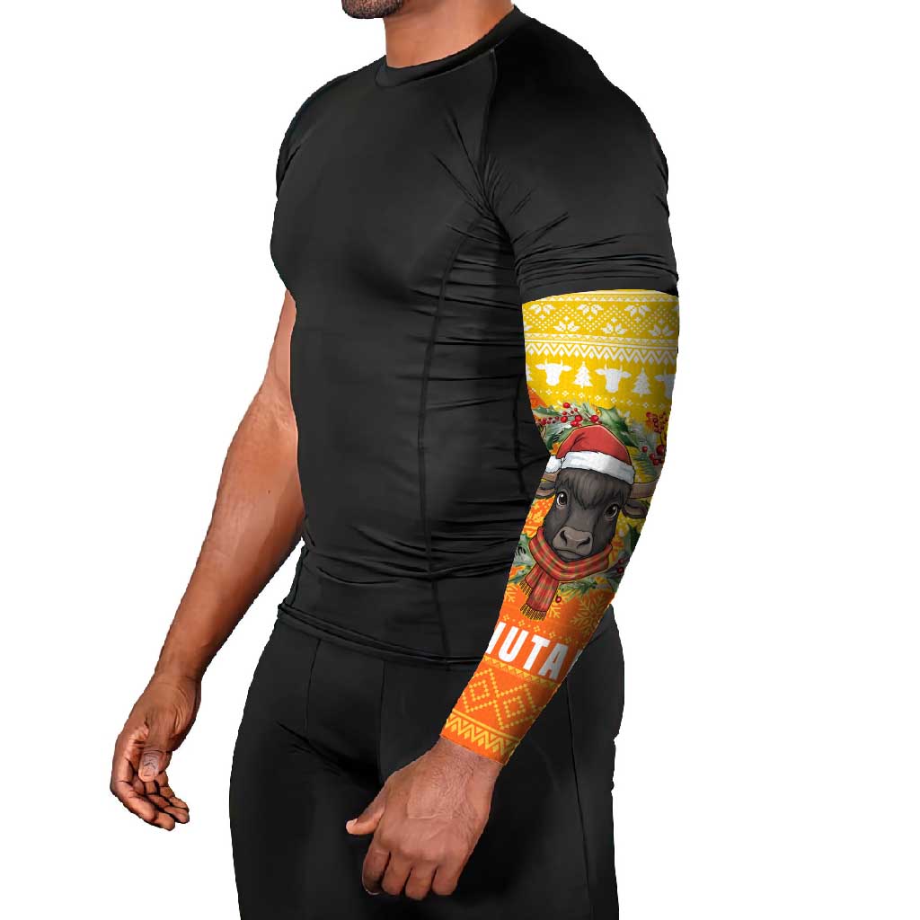 Bhutan Christmas Arm Sleeves with Takin Reindeer Antlers Santa Hat and Yellow Orange Holiday Pattern - Wonder Print Shop