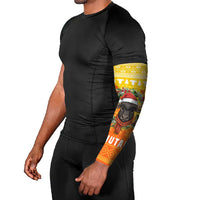 Bhutan Christmas Arm Sleeves with Takin Reindeer Antlers Santa Hat and Yellow Orange Holiday Pattern - Wonder Print Shop