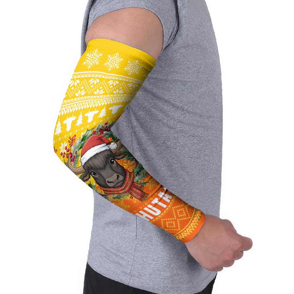 Bhutan Christmas Arm Sleeves with Takin Reindeer Antlers Santa Hat and Yellow Orange Holiday Pattern - Wonder Print Shop