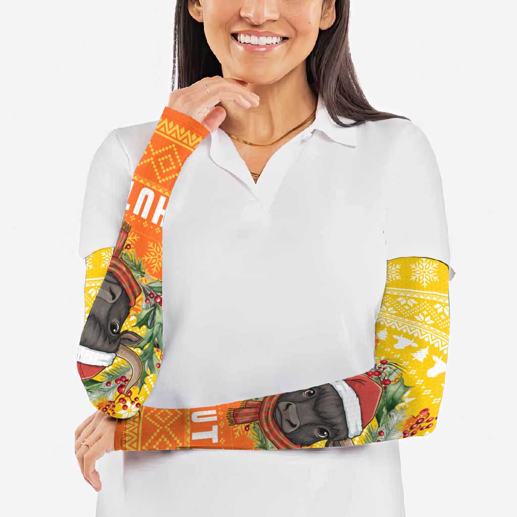 Bhutan Christmas Arm Sleeves with Takin Reindeer Antlers Santa Hat and Yellow Orange Holiday Pattern - Wonder Print Shop