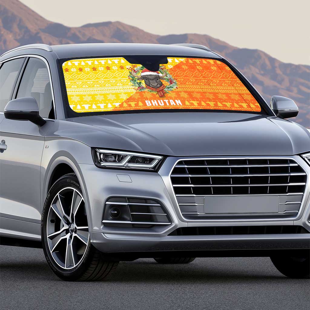 Bhutan Christmas Auto Sun Shade with Takin Reindeer Antlers Santa Hat and Yellow Orange Holiday Pattern - Wonder Print Shop