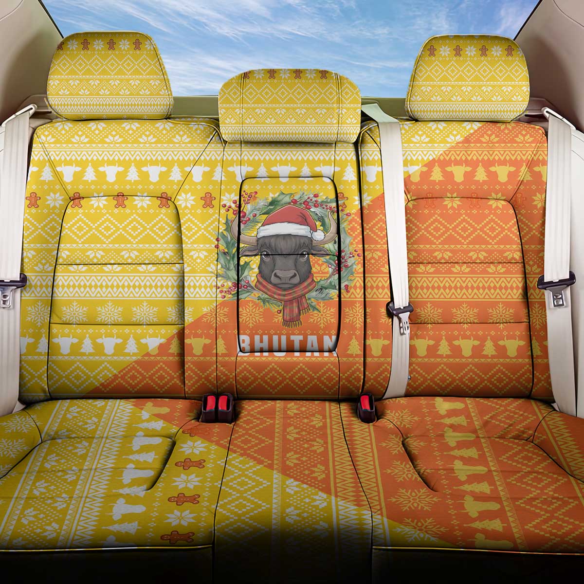 Bhutan Christmas Back Car Seat Cover with Takin Reindeer Antlers Santa Hat and Yellow Orange Holiday Pattern - Wonder Print Shop