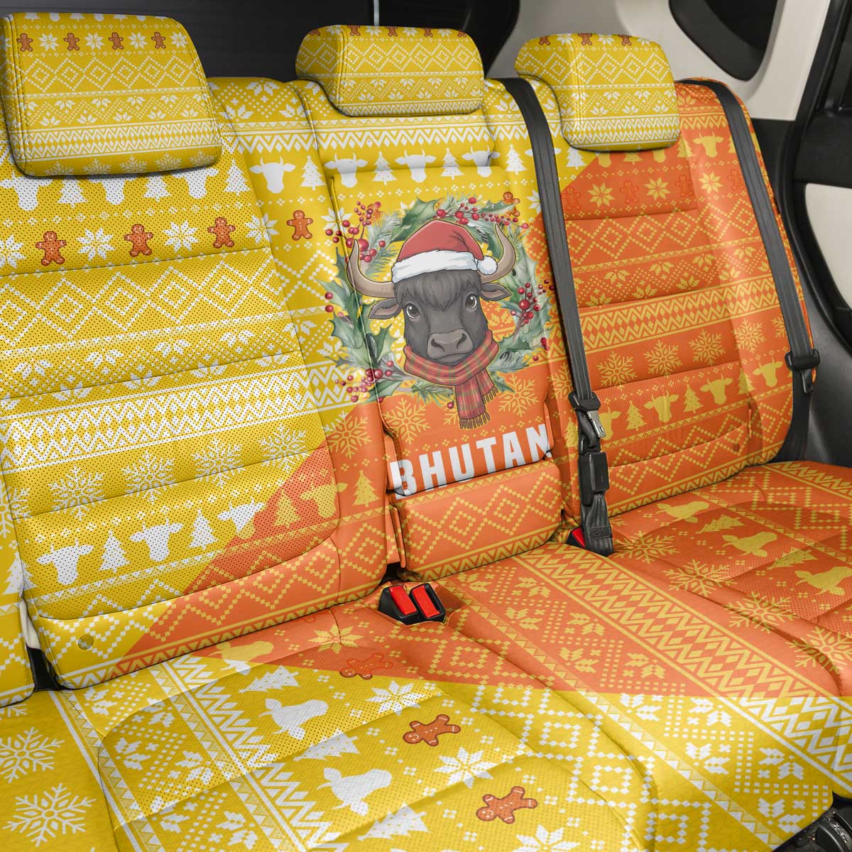 Bhutan Christmas Back Car Seat Cover with Takin Reindeer Antlers Santa Hat and Yellow Orange Holiday Pattern - Wonder Print Shop