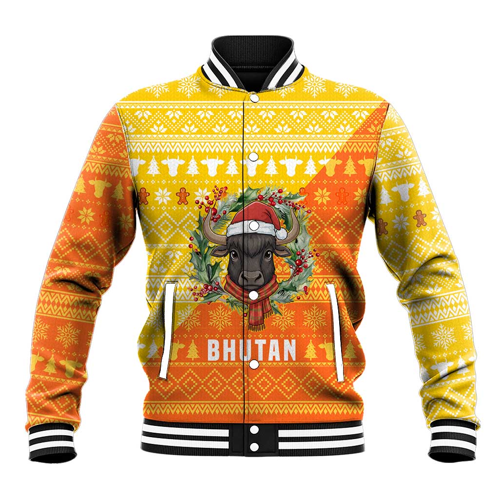 Bhutan Christmas Baseball Jacket with Takin Reindeer Antlers Santa Hat and Yellow Orange Holiday Pattern - Wonder Print Shop