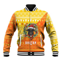Bhutan Christmas Baseball Jacket with Takin Reindeer Antlers Santa Hat and Yellow Orange Holiday Pattern - Wonder Print Shop