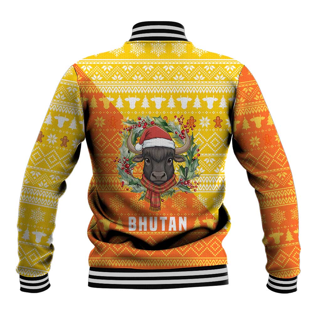 Bhutan Christmas Baseball Jacket with Takin Reindeer Antlers Santa Hat and Yellow Orange Holiday Pattern - Wonder Print Shop