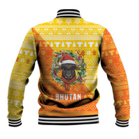 Bhutan Christmas Baseball Jacket with Takin Reindeer Antlers Santa Hat and Yellow Orange Holiday Pattern - Wonder Print Shop