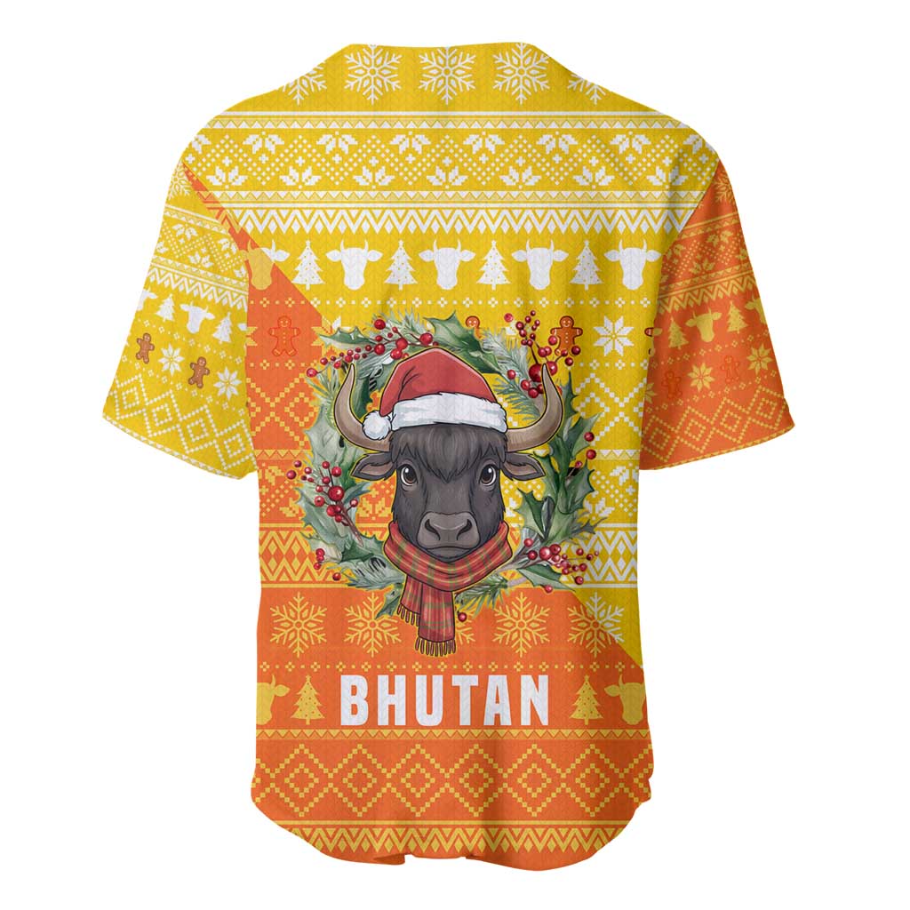 Bhutan Christmas Baseball Jersey with Takin Reindeer Antlers Santa Hat and Yellow Orange Holiday Pattern - Wonder Print Shop