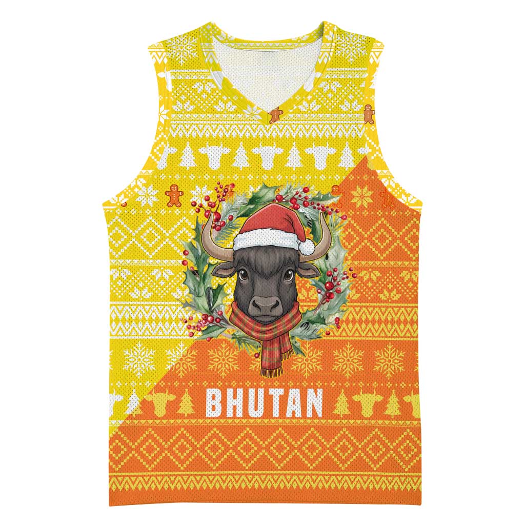 Bhutan Christmas Basketball Jersey with Takin Reindeer Antlers Santa Hat and Yellow Orange Holiday Pattern - Wonder Print Shop