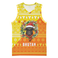 Bhutan Christmas Basketball Jersey with Takin Reindeer Antlers Santa Hat and Yellow Orange Holiday Pattern - Wonder Print Shop