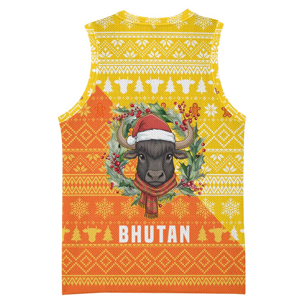 Bhutan Christmas Basketball Jersey with Takin Reindeer Antlers Santa Hat and Yellow Orange Holiday Pattern - Wonder Print Shop
