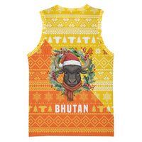Bhutan Christmas Basketball Jersey with Takin Reindeer Antlers Santa Hat and Yellow Orange Holiday Pattern - Wonder Print Shop