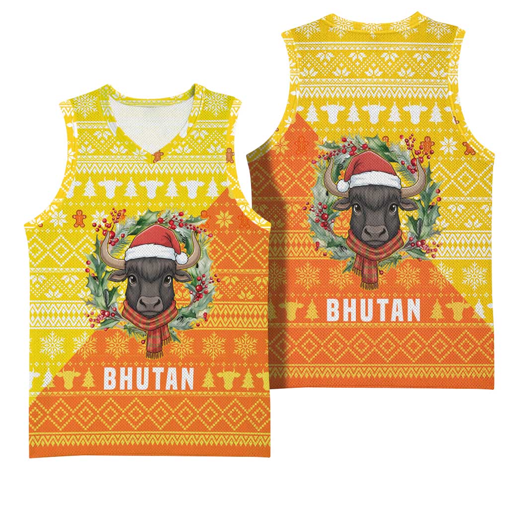 Bhutan Christmas Basketball Jersey with Takin Reindeer Antlers Santa Hat and Yellow Orange Holiday Pattern - Wonder Print Shop