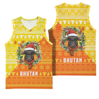Bhutan Christmas Basketball Jersey with Takin Reindeer Antlers Santa Hat and Yellow Orange Holiday Pattern - Wonder Print Shop