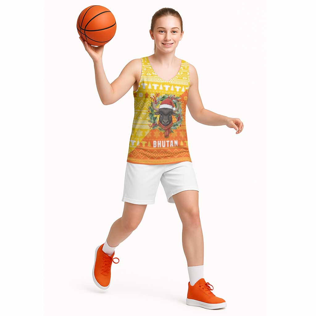 Bhutan Christmas Basketball Jersey with Takin Reindeer Antlers Santa Hat and Yellow Orange Holiday Pattern - Wonder Print Shop