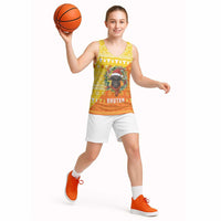 Bhutan Christmas Basketball Jersey with Takin Reindeer Antlers Santa Hat and Yellow Orange Holiday Pattern - Wonder Print Shop