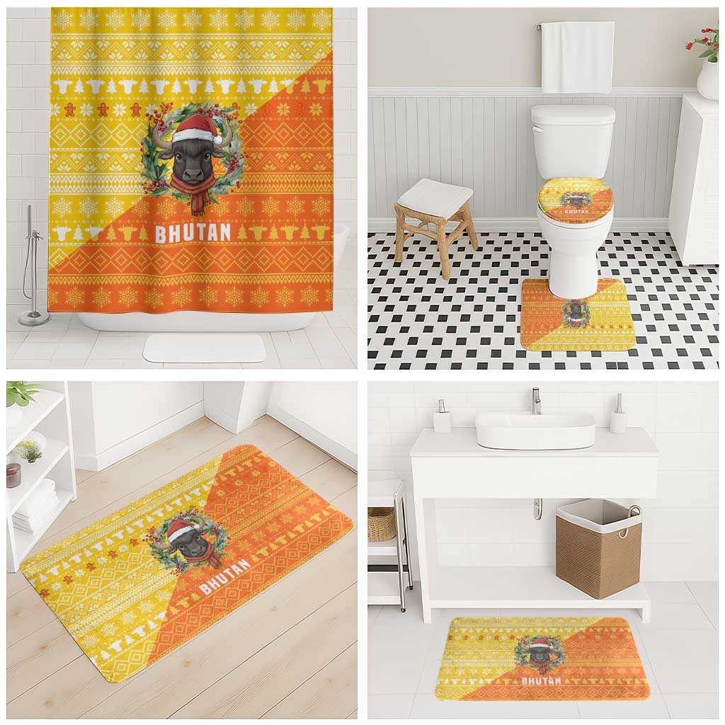 Bhutan Christmas Bathroom Set with Takin Reindeer Antlers Santa Hat and Yellow Orange Holiday Pattern - Wonder Print Shop