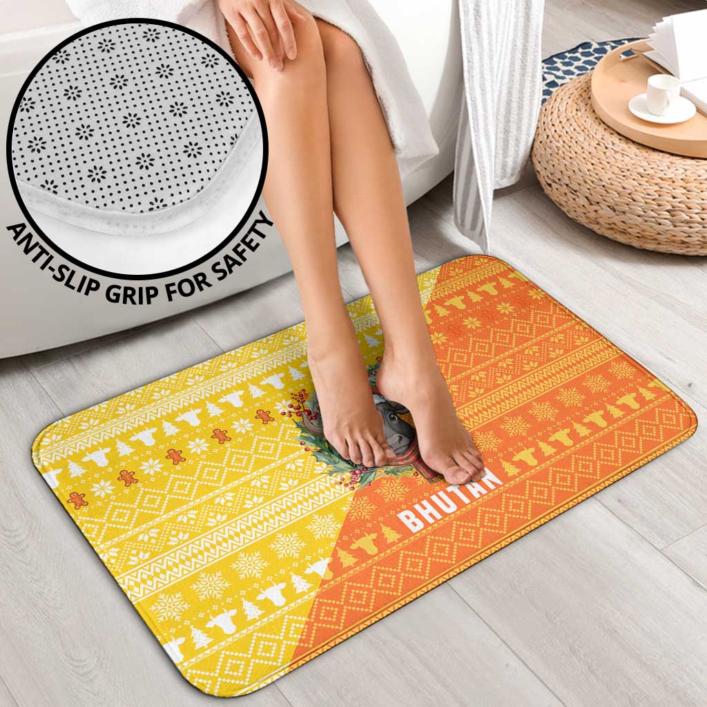 Bhutan Christmas Bathroom Set with Takin Reindeer Antlers Santa Hat and Yellow Orange Holiday Pattern - Wonder Print Shop