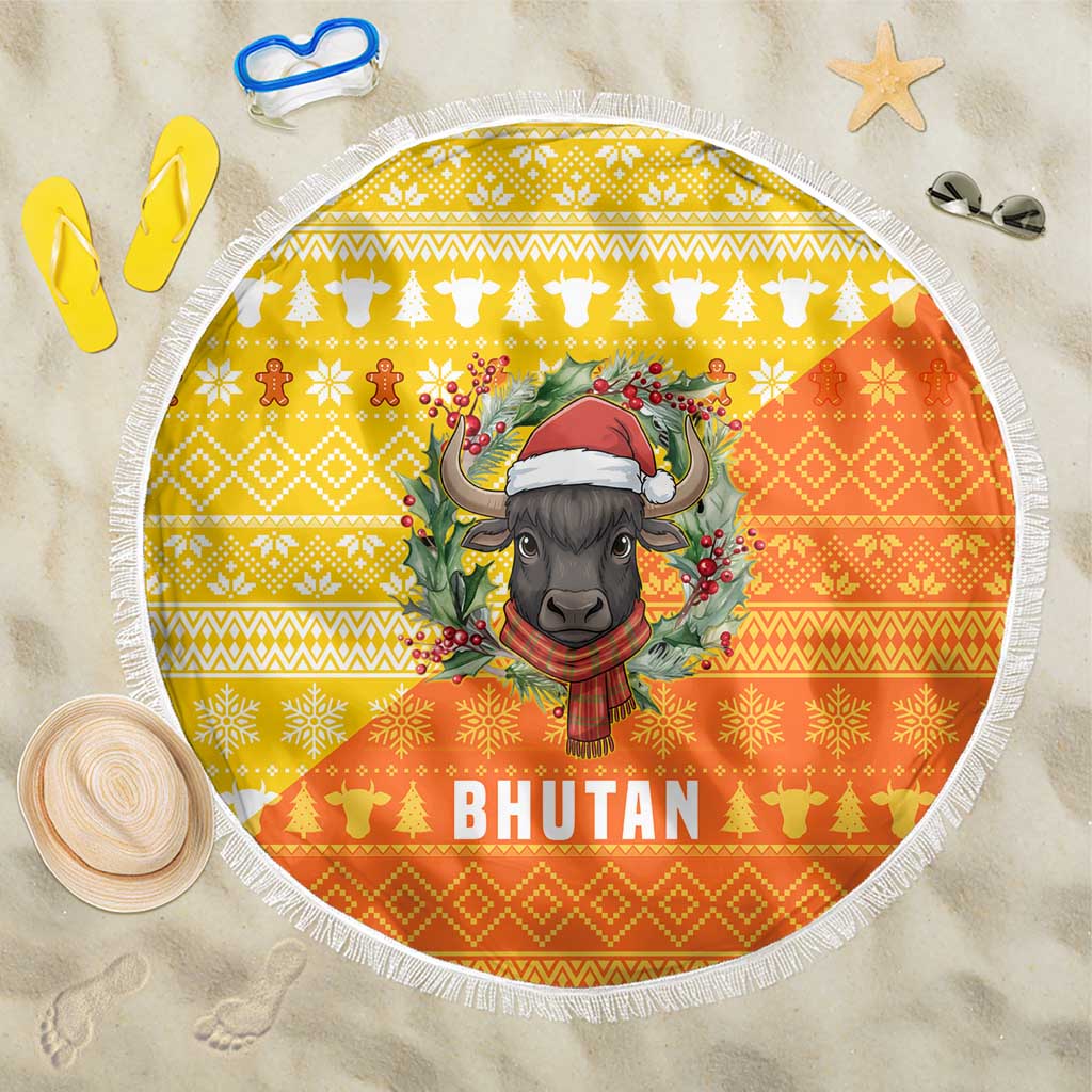 Bhutan Christmas Beach Blanket with Takin Reindeer Antlers Santa Hat and Yellow Orange Holiday Pattern - Wonder Print Shop