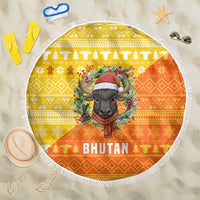 Bhutan Christmas Beach Blanket with Takin Reindeer Antlers Santa Hat and Yellow Orange Holiday Pattern - Wonder Print Shop