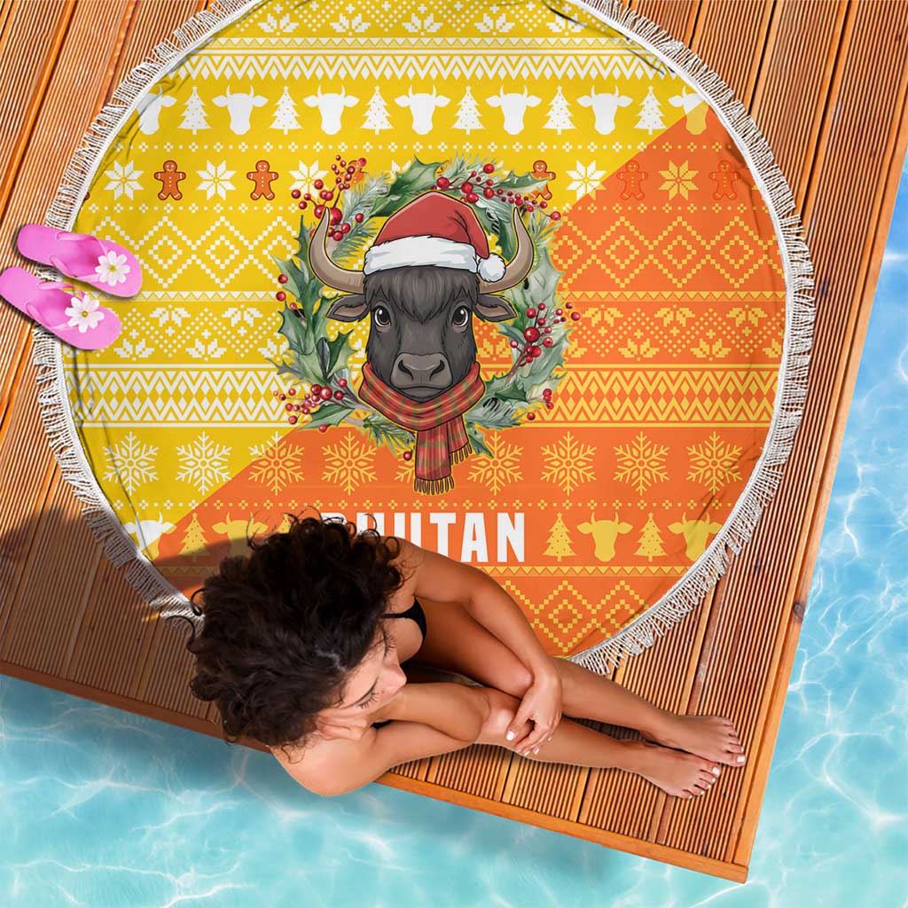 Bhutan Christmas Beach Blanket with Takin Reindeer Antlers Santa Hat and Yellow Orange Holiday Pattern - Wonder Print Shop
