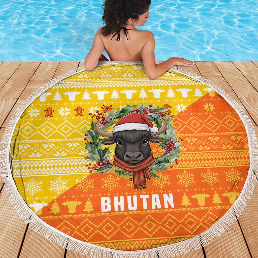 Bhutan Christmas Beach Blanket with Takin Reindeer Antlers Santa Hat and Yellow Orange Holiday Pattern - Wonder Print Shop