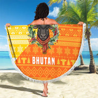 Bhutan Christmas Beach Blanket with Takin Reindeer Antlers Santa Hat and Yellow Orange Holiday Pattern - Wonder Print Shop
