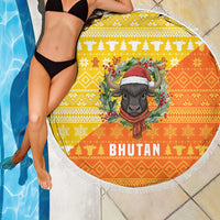 Bhutan Christmas Beach Blanket with Takin Reindeer Antlers Santa Hat and Yellow Orange Holiday Pattern - Wonder Print Shop