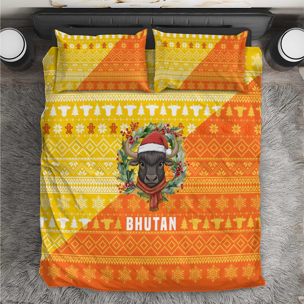 Bhutan Christmas Bedding Set with Takin Reindeer Antlers Santa Hat and Yellow Orange Holiday Pattern - Wonder Print Shop