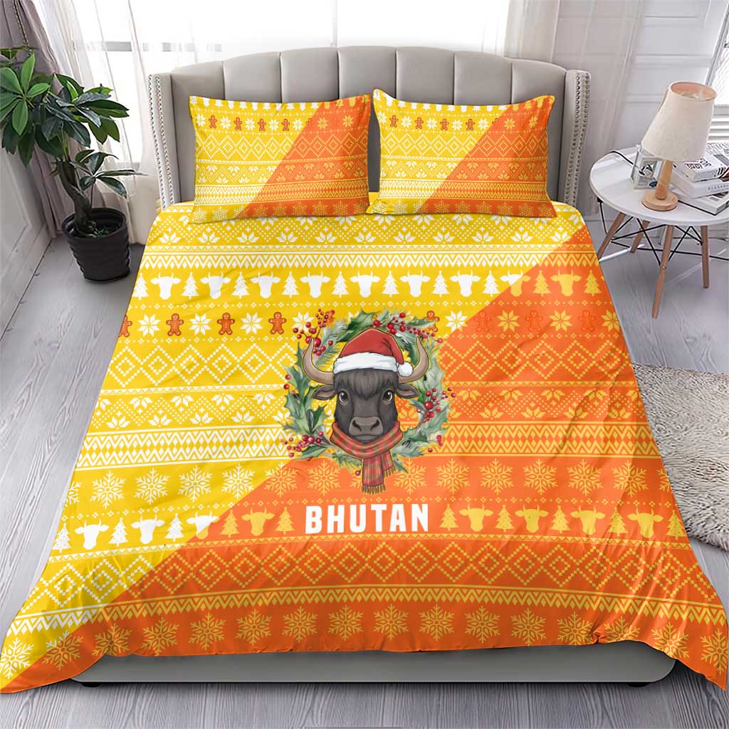 Bhutan Christmas Bedding Set with Takin Reindeer Antlers Santa Hat and Yellow Orange Holiday Pattern - Wonder Print Shop